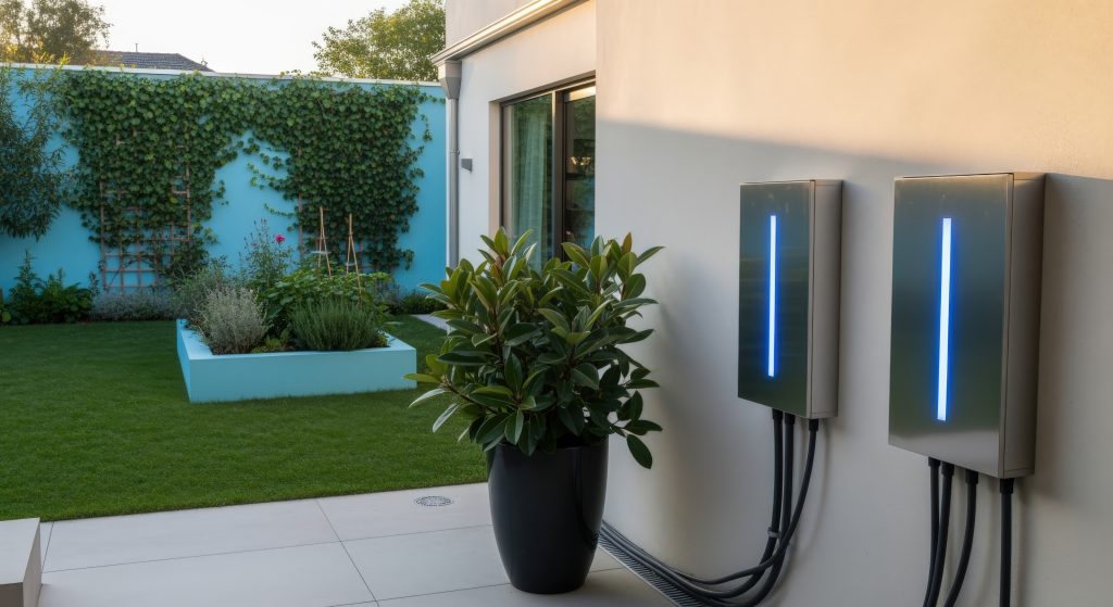 two electric vehicle chargers mounted on a home exterior wall with garden and plants photo